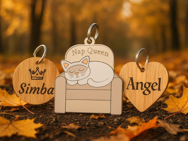 Wooden round cat tag with smooth, non-toxic finish, silver split ring, customisable with cat’s name and details.